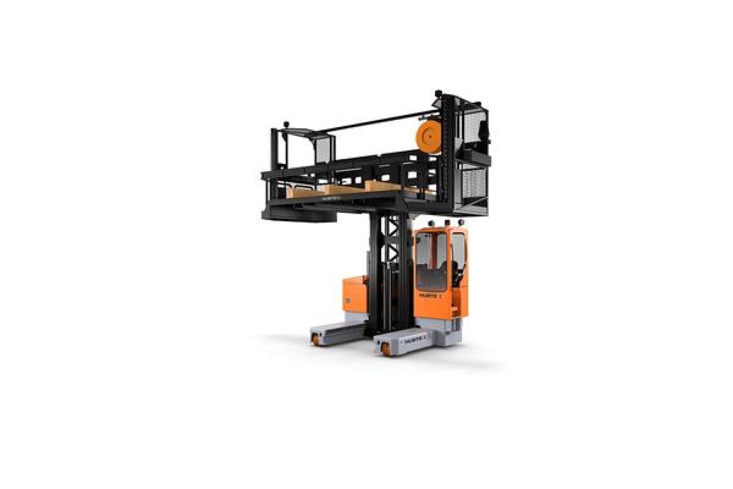 HUBTEX heftruck met groot orderpickplatform voor het verzamelen van houten platen