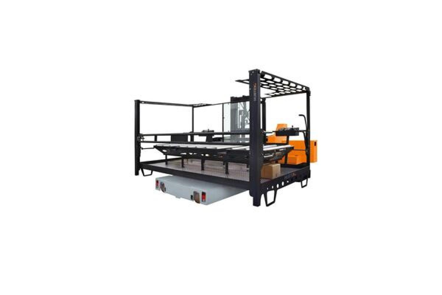 HUBTEX orderpickplatform voor handling van plaatmateriaal op industriële transportwagen